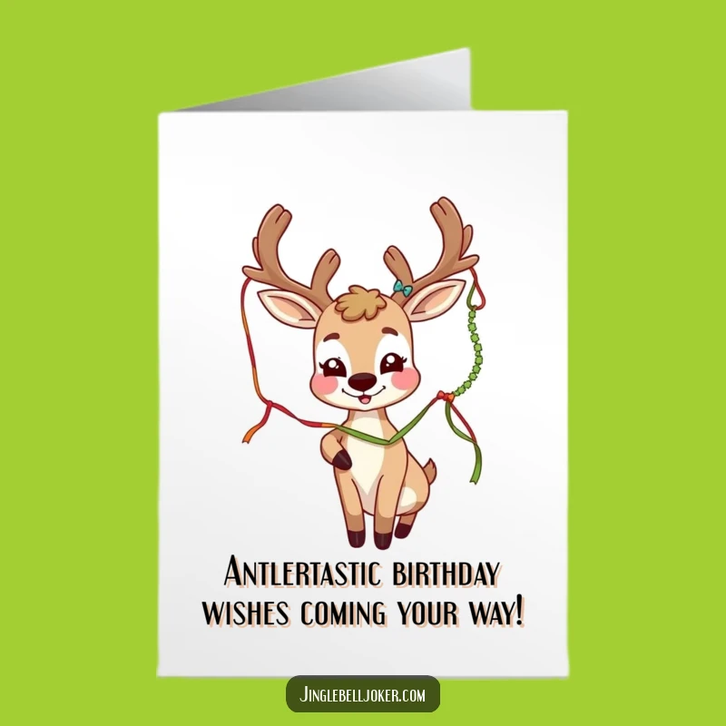 Free Printable Birthday Card: Funny Deer Joker Batting Tinsel, Hilarious Downloadable Gift