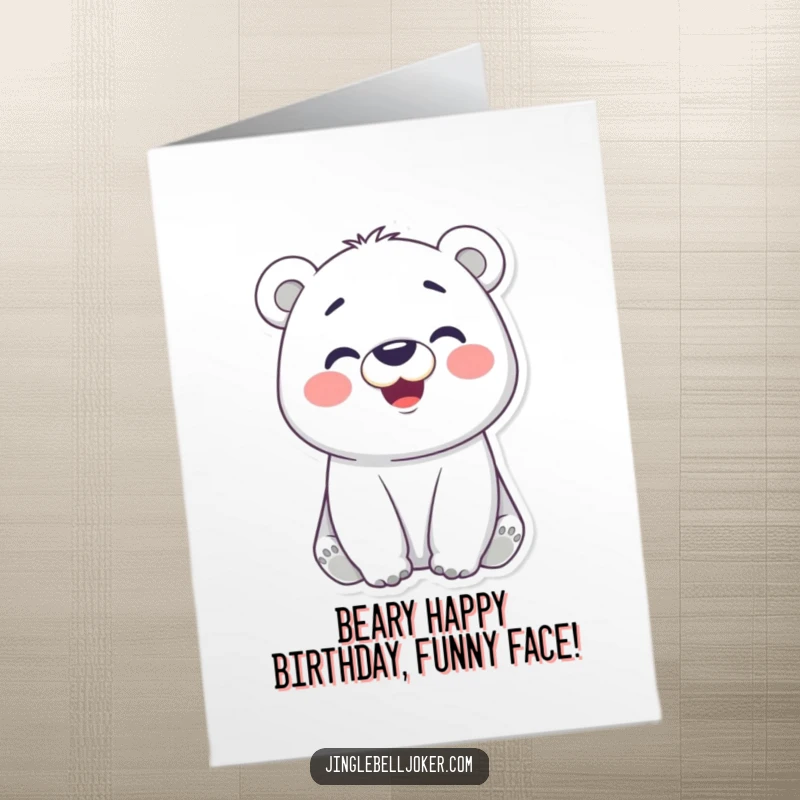 Funny Free Printable Polar Bear Birthday Card: A cheerful polar bear with rosy cheeks making a comical, silly face.