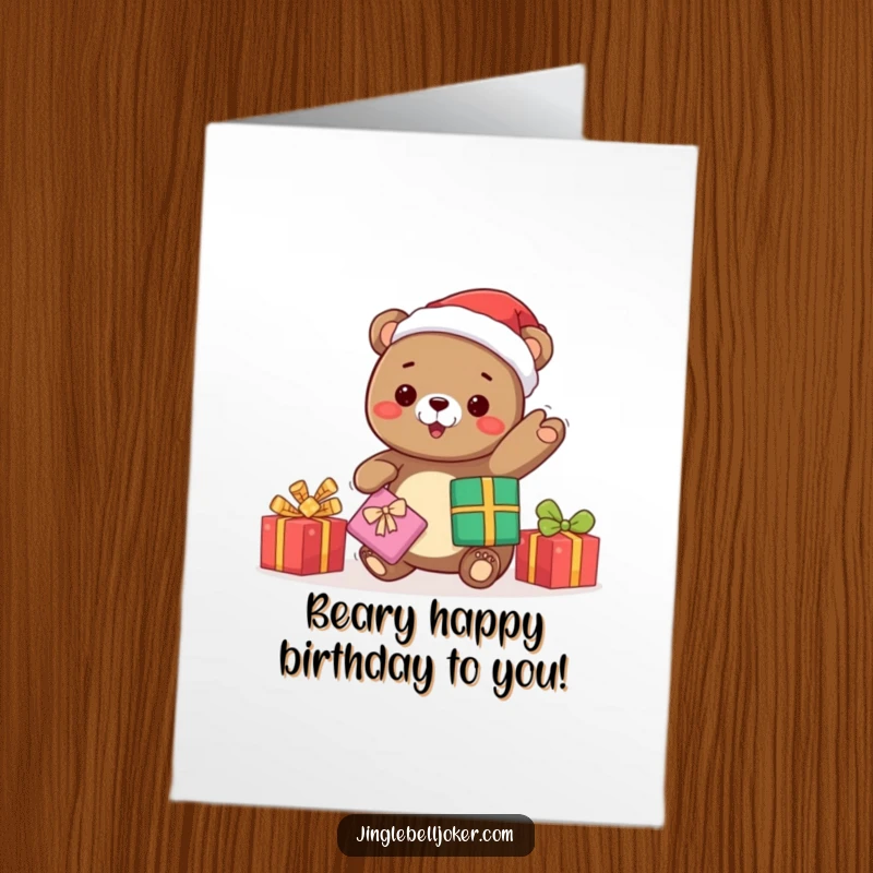 Funny Free Printable Birthday Card: A kawaii bear in a Santa hat juggles presents with pure glee. Perfect DIY gift.