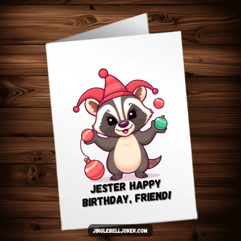 Funny Free Printable Birthday Card: Badger jester juggles baubles with comical flair, perfect for a festive DIY greeting.