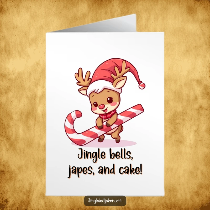 Funny Free Printable Birthday Card: Jester reindeer with a wig trips on a giant candy cane, looking surprised.