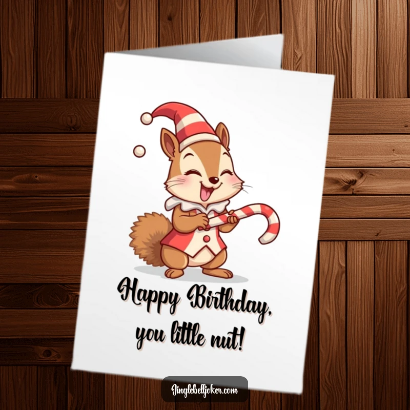 Funny Free Printable Birthday Card: A giggling squirrel wearing a tiny jester suit, precariously balancing a candy cane.