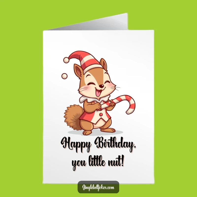Free Printable Birthday Card: Giggling Jester Squirrel Candy Cane Fun Downloadable Gift