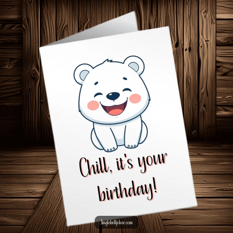 Funny free printable birthday card featuring a happy polar bear with a wide grin, spreading birthday cheer.