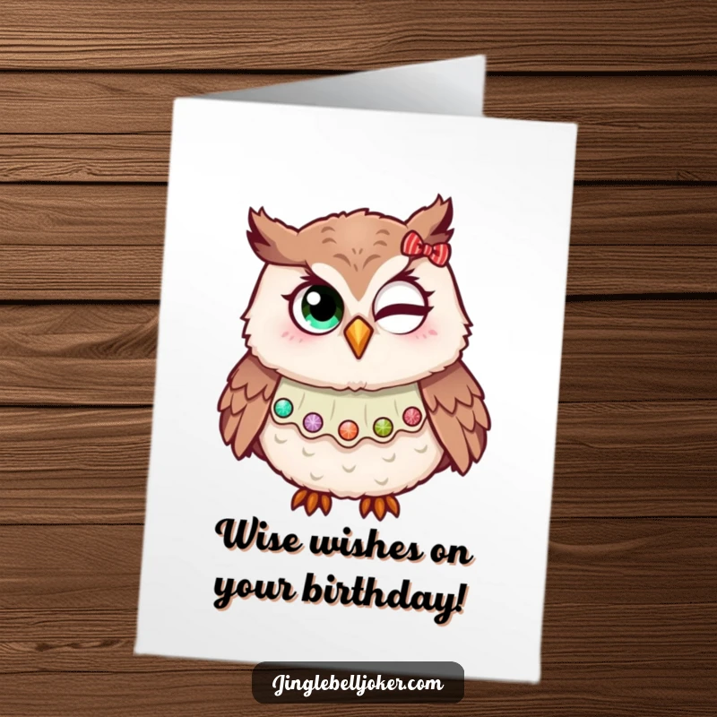 Funny Free Printable Birthday Card: A jester owl with glitter tries to wink, looking mischievous and festive for a birthday.