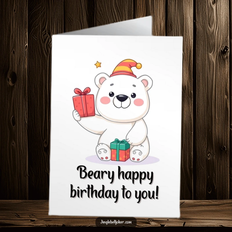 Funny free printable birthday card: A smiling polar bear in a tiny jester hat joyfully tosses wrapped presents. Celebrate big!