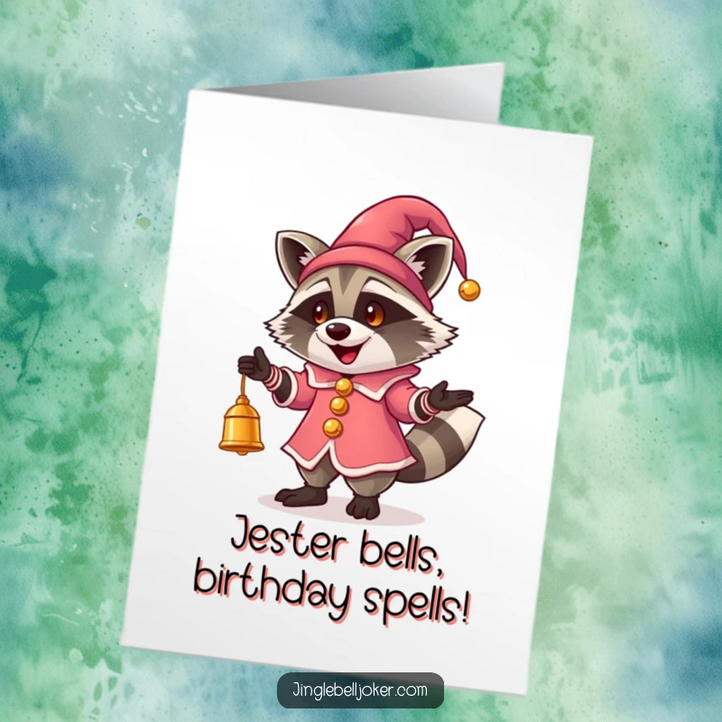 Funny Free Printable Birthday Card: A happy raccoon in a jester outfit skillfully juggles three brightly glowing bells.
