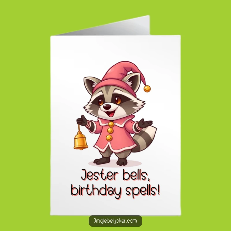 Free Printable Birthday Card: Jester Raccoon Juggling Bells - Fun Downloadable Gift