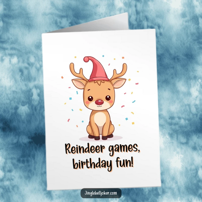 Funny Free Printable Birthday Card: A cute reindeer wearing a small jester hat gleefully throwing colorful confetti.