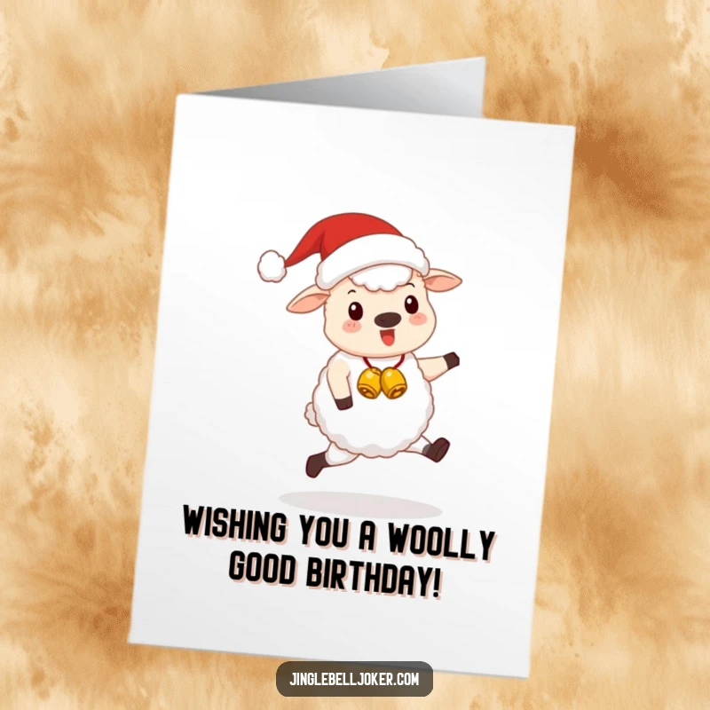 Funny Free Printable Birthday Card: Kawaii sheep in a Santa hat with jingle bells, skipping happily.