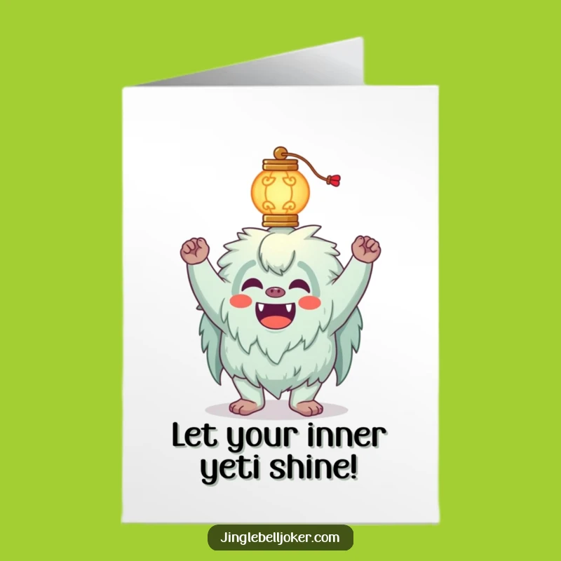 Free Printable Birthday Card: Yeti Balances Lantern - Funny Bigfoot Humor, Downloadable