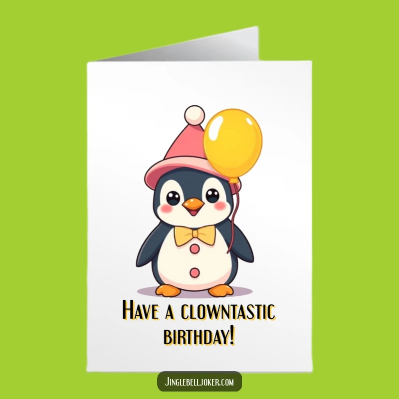 Free Printable Funny Birthday Card: Kawaii Penguin Clown Balloon Surprise