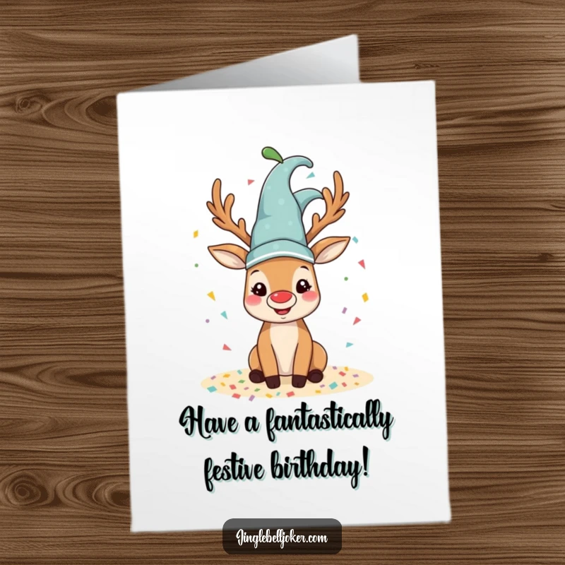 Funny free printable birthday card featuring a happy reindeer in a jester hat, joyfully spilling colorful confetti.