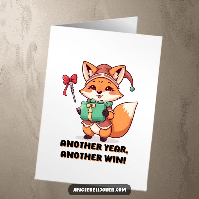 Funny Free Printable Birthday Card: A festive fox dressed as a jester proudly holding a sparkling gift, ready for birthday wishes.