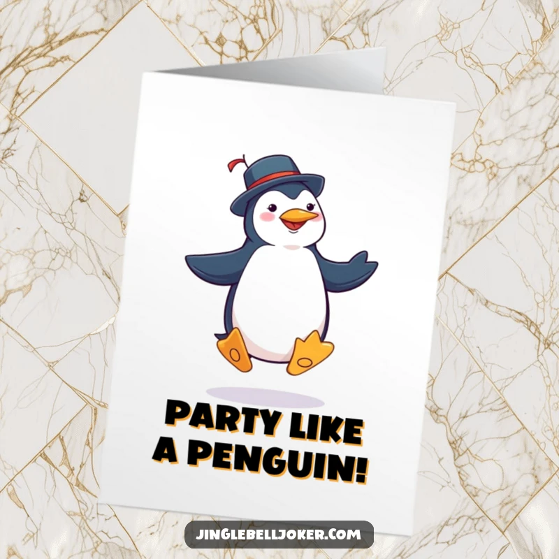 Funny Free Printable Birthday Card: A penguin in joker attire doing a silly jig with comically exaggerated steps, celebrating with flair.