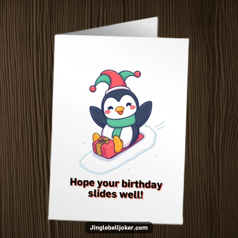 Funny Free Printable Birthday Card: Happy penguin in a jester hat, gleefully sliding down a gift-wrapped slope, celebrating with pure joy.