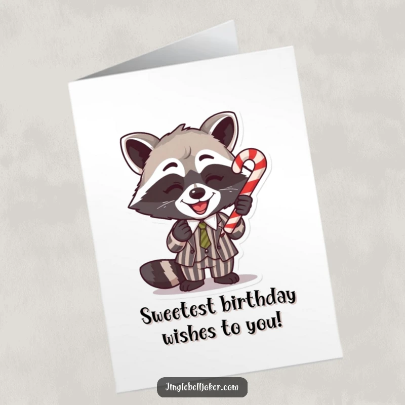 Funny Free Printable Birthday Card: Raccoon balances candy cane on nose, a sweet and humorous birthday wish.