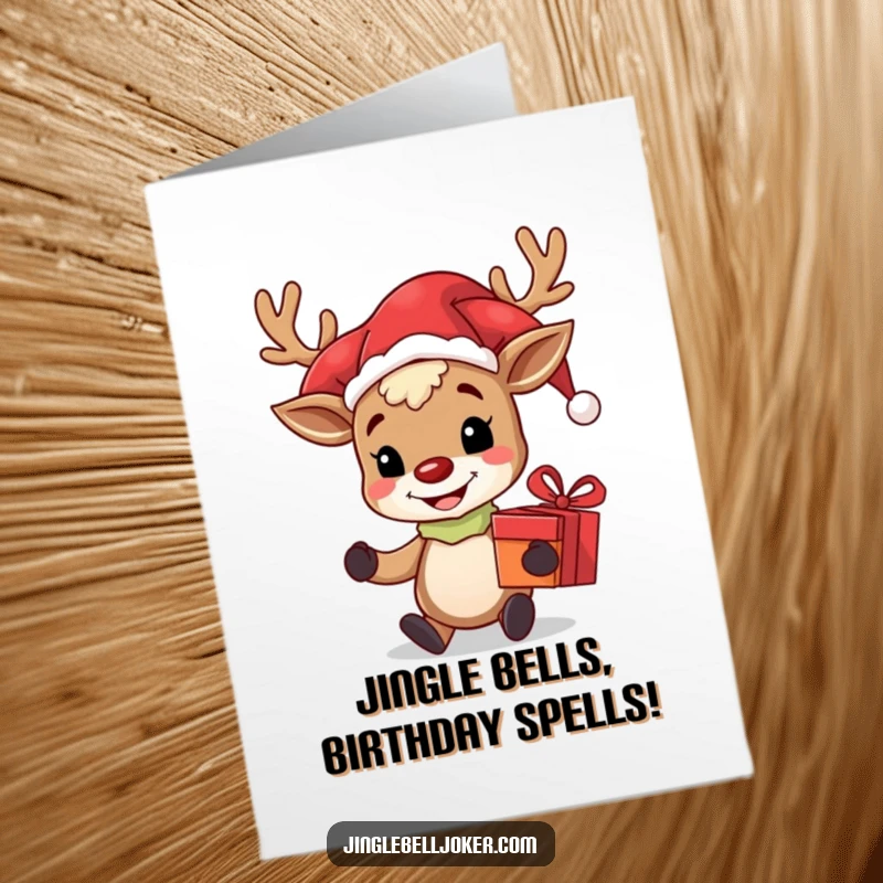 Funny Free Printable Reindeer Jester Birthday Card: A grinning reindeer in a jester hat holding a gift, ready to party.