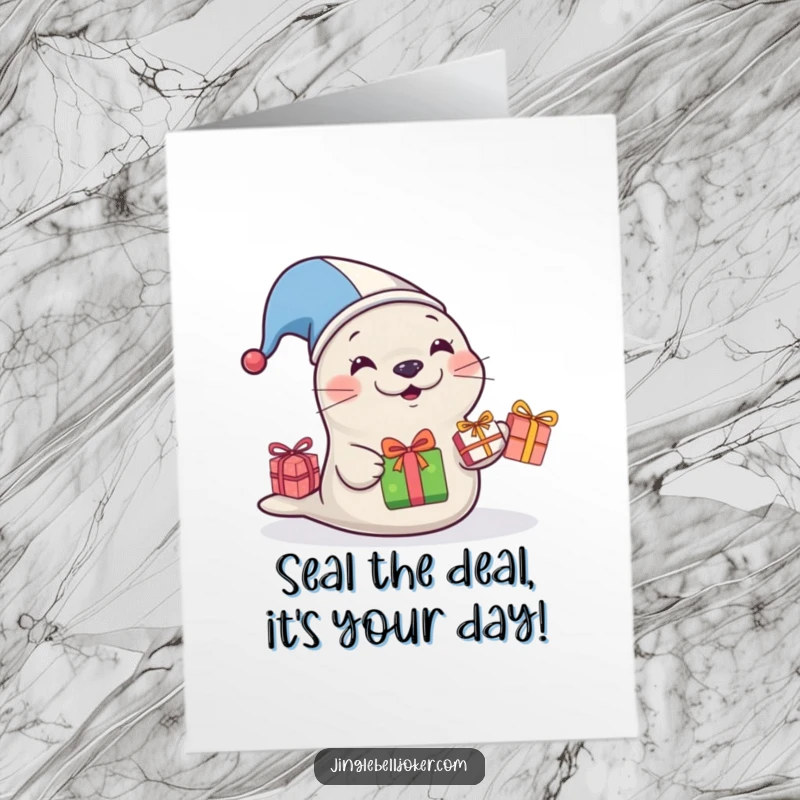 Funny Free Printable Birthday Card: Jester Seal nervously juggling gifts, a comical and lovable birthday surprise.