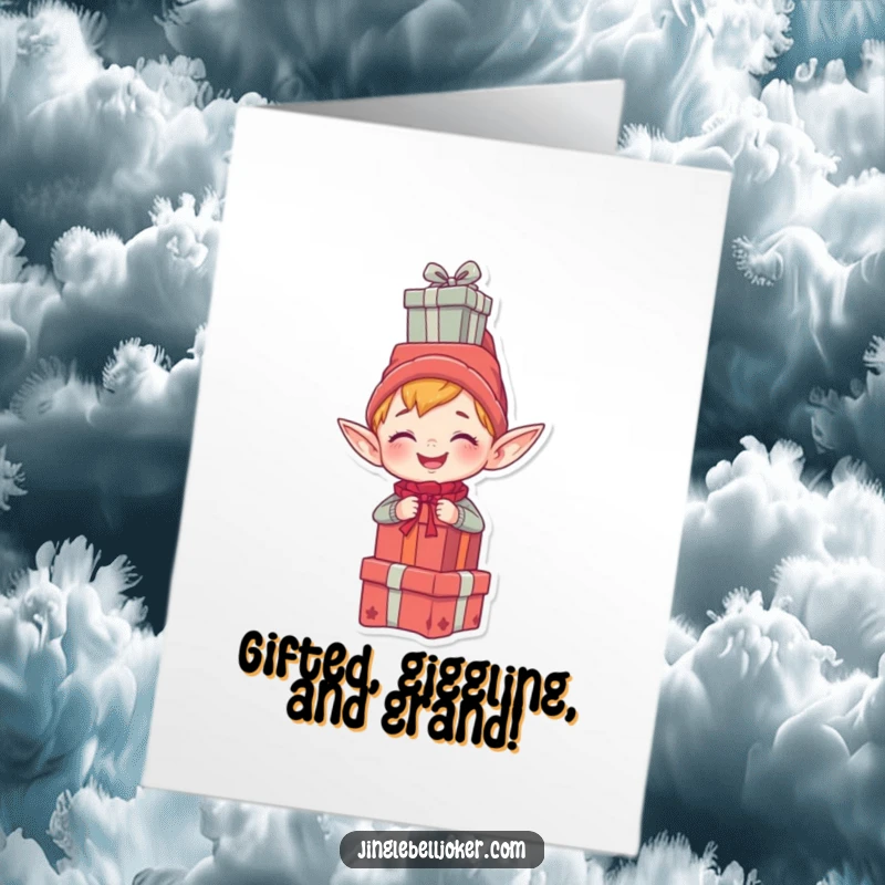 Funny Free Printable Birthday Card: A giggling elf precariously balancing a tall stack of presents perfectly on its head.