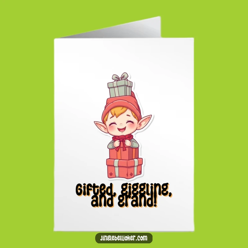 Funny Free Printable Birthday Card: Giggling Elf Stacking Gifts, Joyful Downloadable