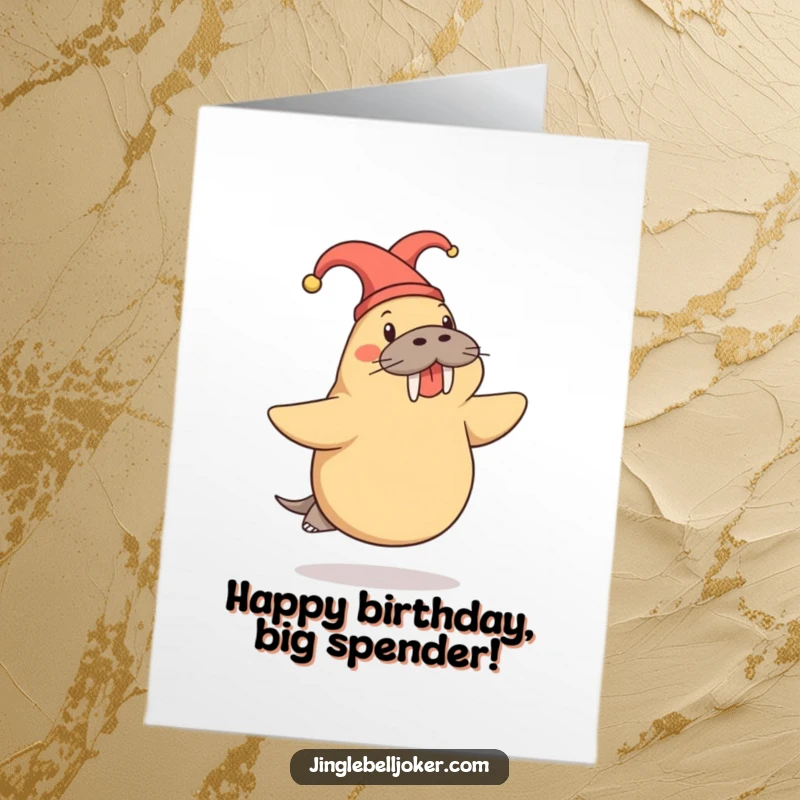 Funny Free Printable Birthday Card: Cheerful walrus in a jester hat doing a playful skip, a whimsical birthday illustration.