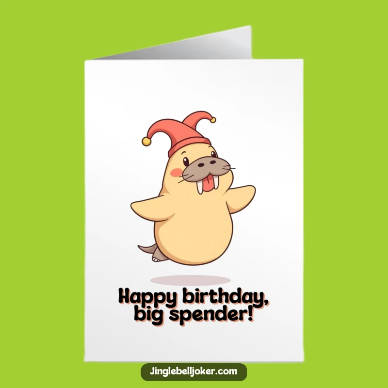Free Printable Birthday Card: Jester Walrus Skipping, Hilarious Downloadable Gift for Fun Lovers