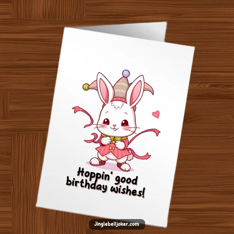 Funny Free Printable Birthday Card: A playful bunny dressed as a jester enthusiastically twists a colorful festive ribbon.