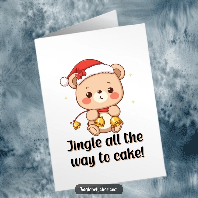 Funny Free Printable Birthday Card: Kawaii bear in Santa hat juggles jingle bells with birthday cheer.