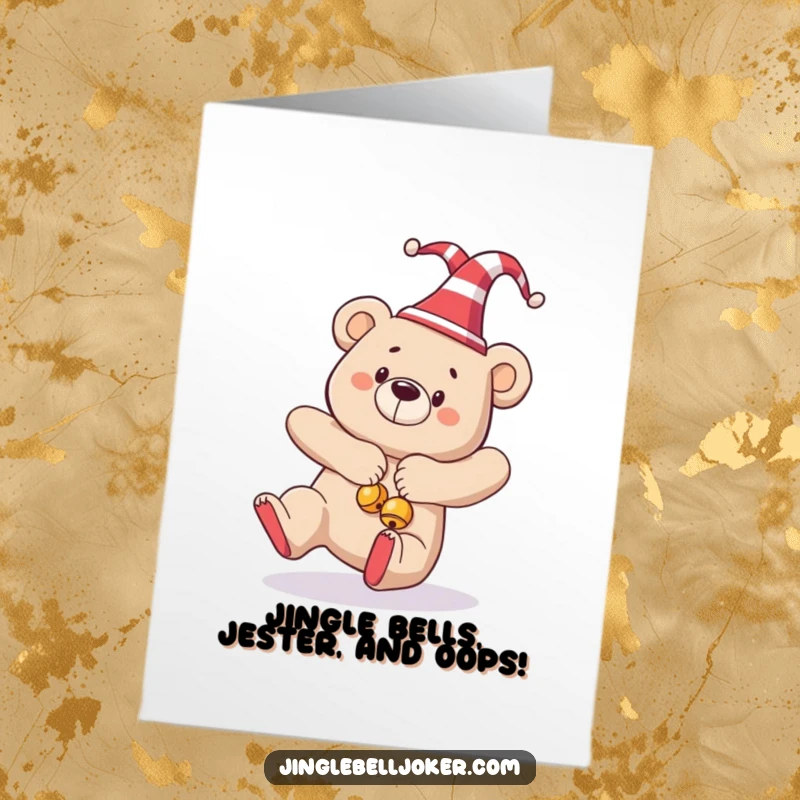 Funny Free Printable Birthday Card: A bear in a jester hat and jingle bells dramatically tripping.