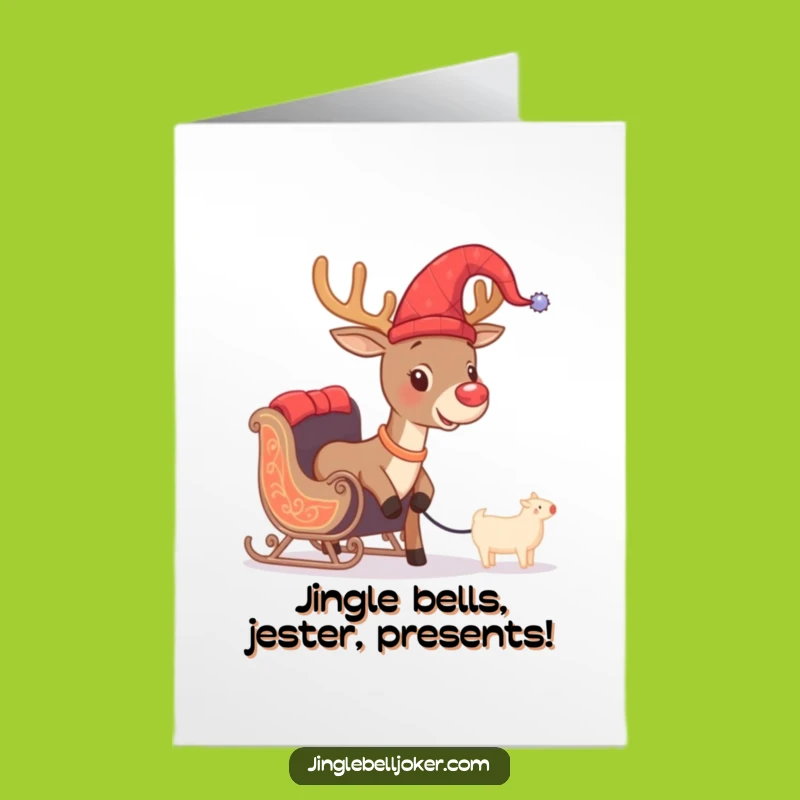 Free Printable Birthday Card: Brave Jester Reindeer Pulling Tiny Sleigh Funny Downloadable Gift