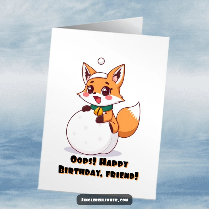 Funny Free Printable Birthday Card: A surprised fox with a jingle bell collar slips on a snowball, hilarious holiday moment.