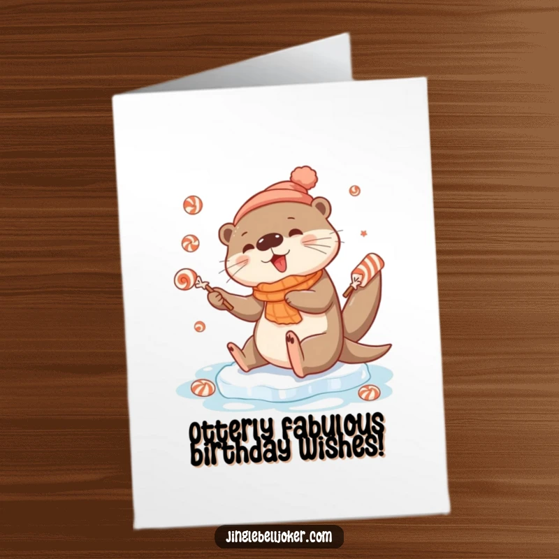 Funny Free Printable Birthday Card: Cute otter comically slips on ice while juggling colorful festive candies, a hilarious DIY gift.