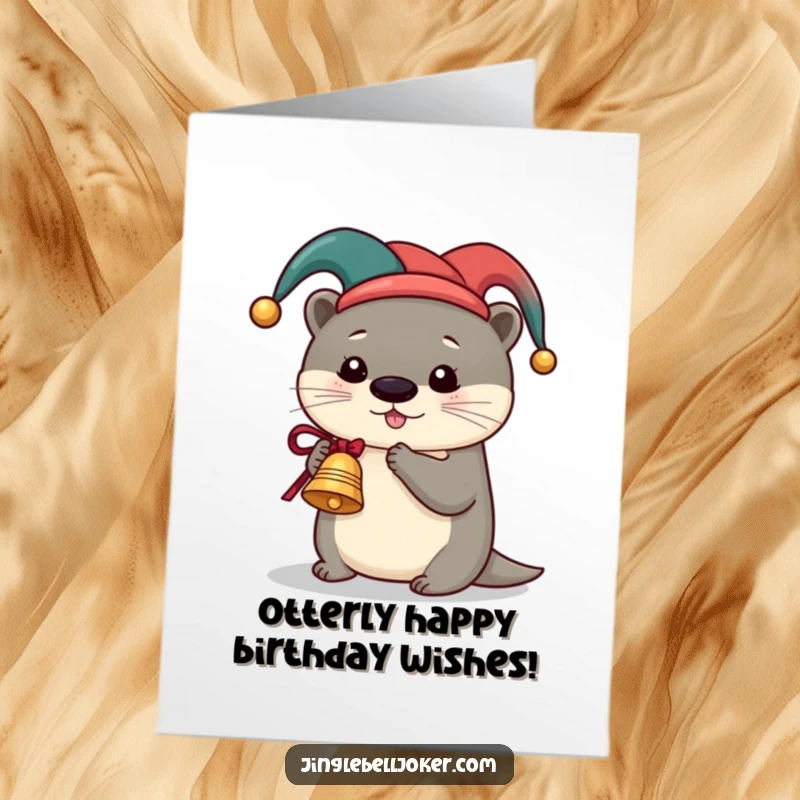 Funny Free Printable Birthday Card: Cute otter in a jester hat, merrily playing a miniature sleigh bell, bringing festive birthday wishes.