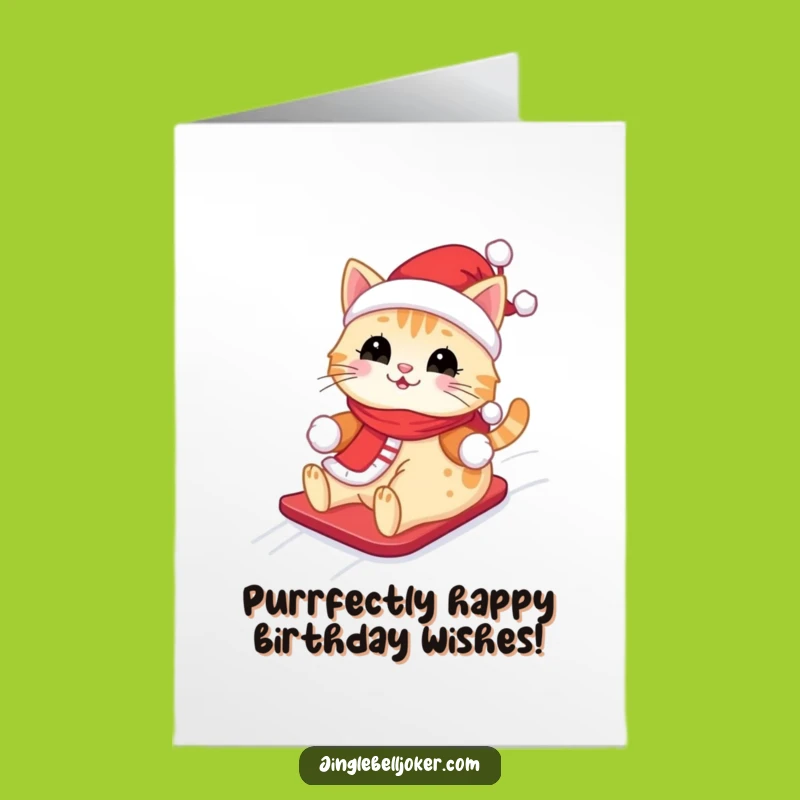 Free Printable Birthday Card: Funny Santa Cat Sliding Joyfully Downloadable