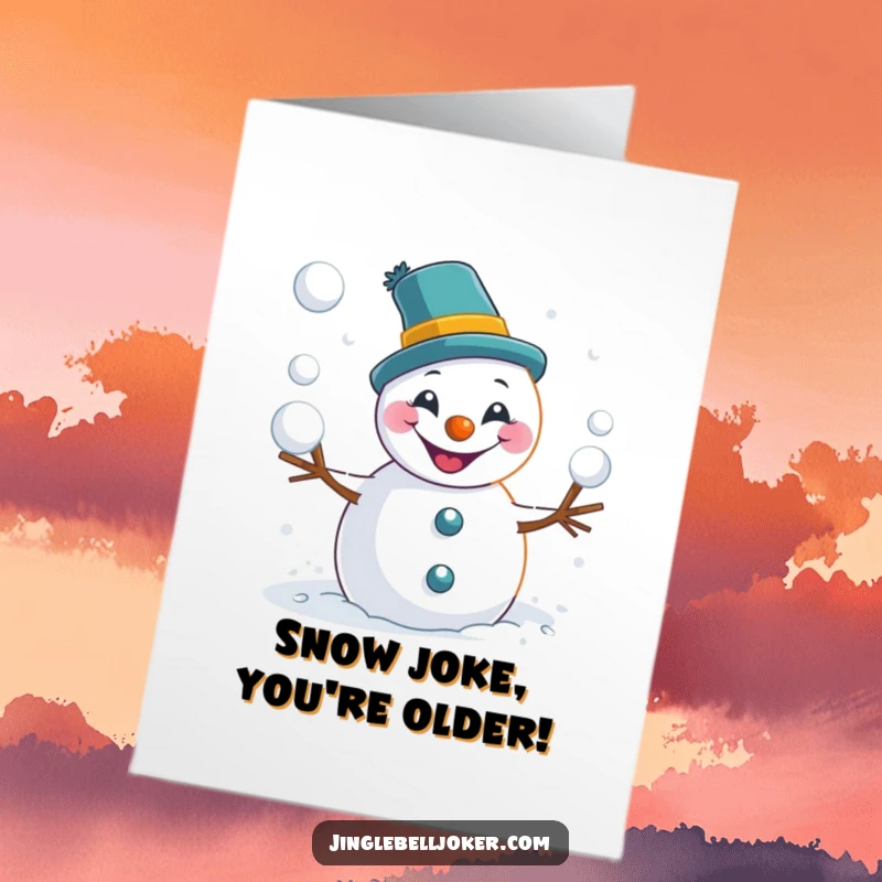 Funny Free Printable Birthday Card: Mischievous Joker Snowman gleefully tossing snowballs, ready for a cool celebration.