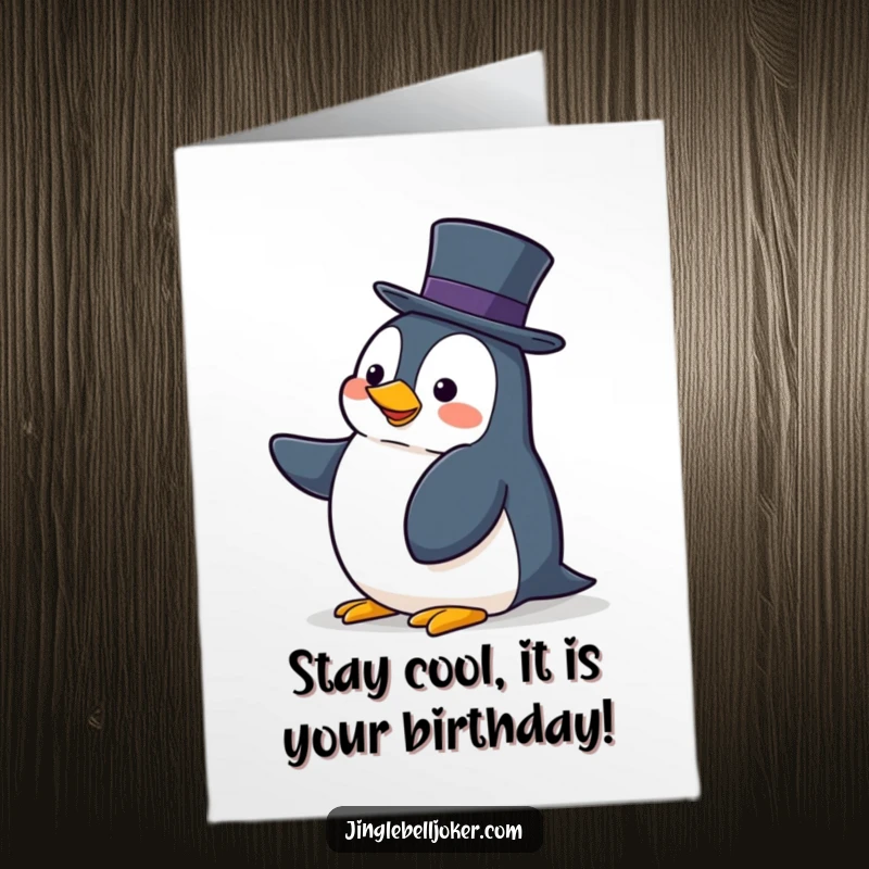 Funny Free Printable Birthday Card: A clumsy penguin wobbles precariously while trying to balance an overly tall hat.