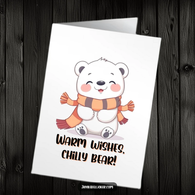 Funny Free Printable Birthday Card: A giggling polar bear happily embraces a brightly colored festive scarf.