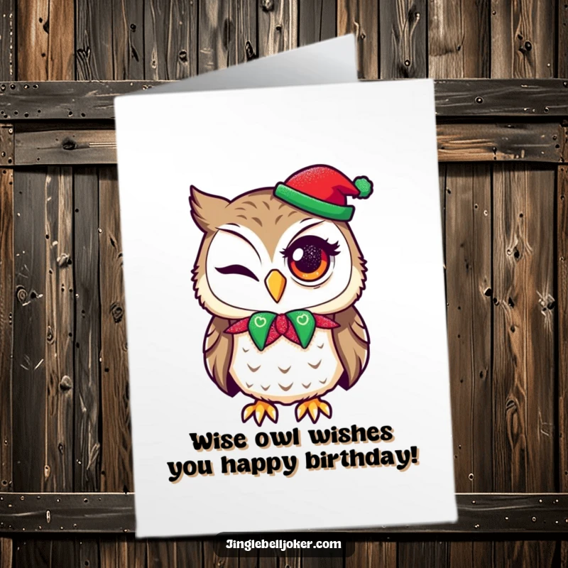 Funny Free Printable Birthday Card: An owl wearing a jester collar attempts a winking eye with glitter.