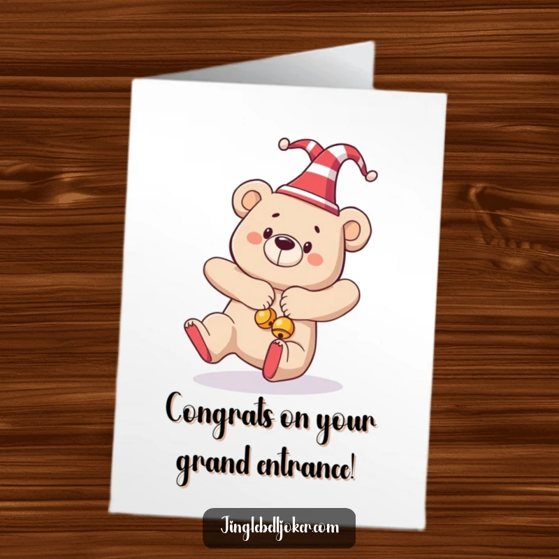 Funny Free Printable Congrats Card: A jester bear, complete with bells, taking a dramatic tumble.