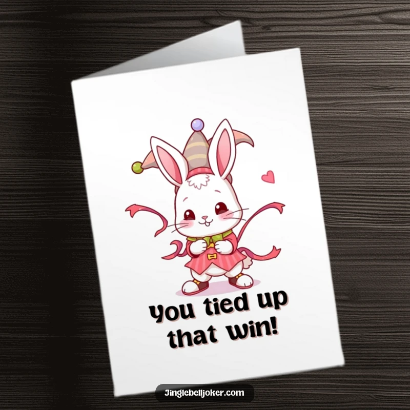 Funny Free Printable Congratulations Card: A playful bunny in a jester outfit twists a vibrant ribbon with a cheerful expression.