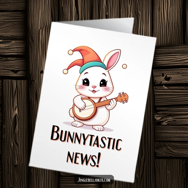 Funny Free Printable Congrats Card: A round bunny in a colorful jester hat plays a tiny banjo, a delightful DIY gift.