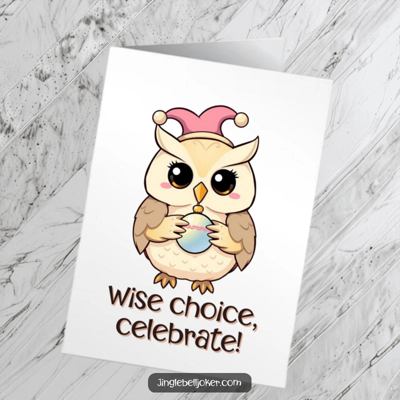 Funny free printable congratulations card showing a jester owl with a bauble, celebrating a successful endeavor with humor.