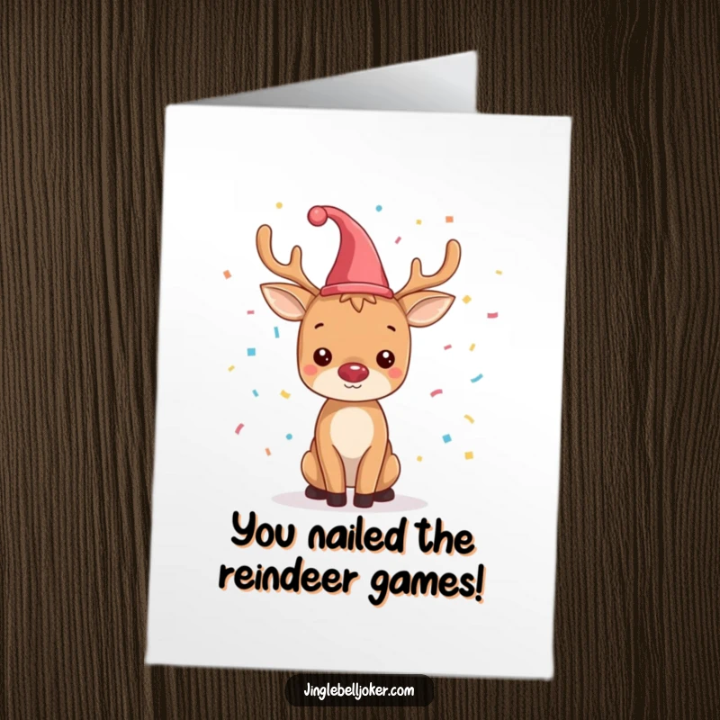 Funny Free Printable Congratulations Card: A cute reindeer in a jester hat joyfully tossing confetti for a celebration.