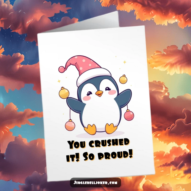 Funny Free Printable Congratulations Card: A charming penguin jester, juggling dazzling ornaments, perfectly capturing a triumphant moment.