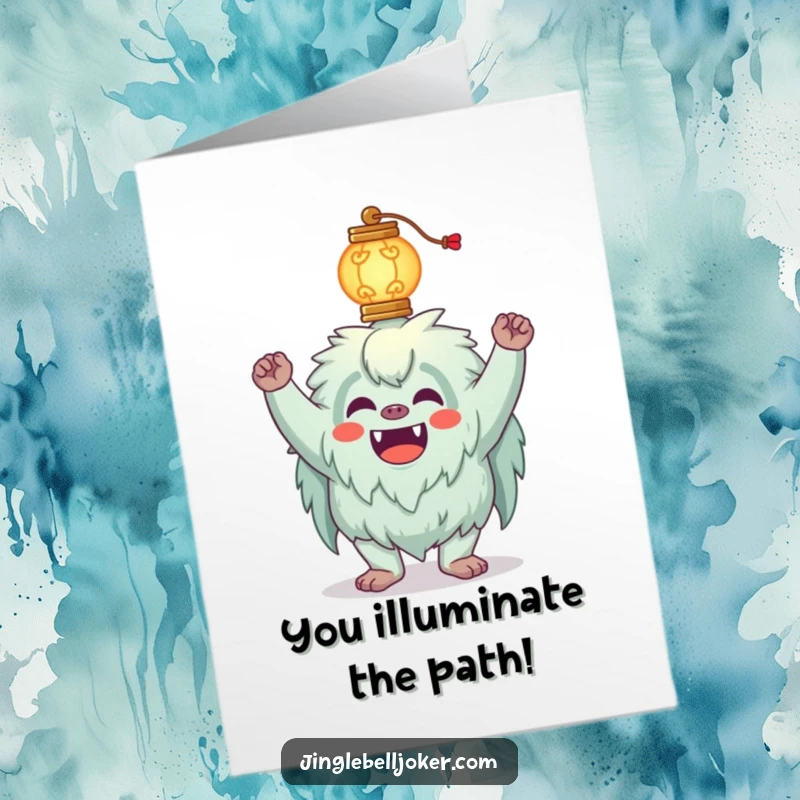 Funny Free Printable Congratulations Card: A yeti balances a glowing lantern, humorously celebrating your big achievement.