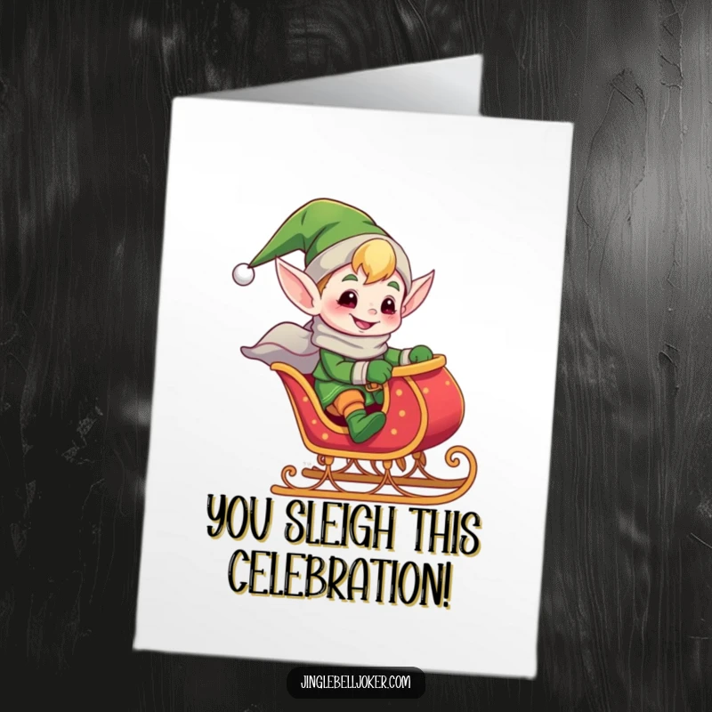 Funny Free Printable Elf Sleigh Congratulations Card: A gleeful elf riding a jingling sleigh, celebrating good news.