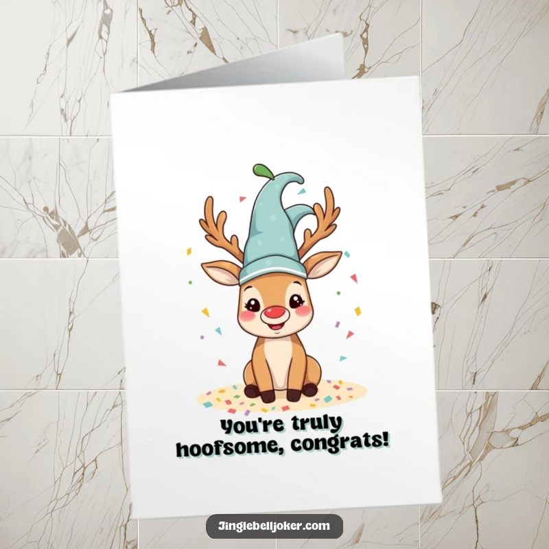 Funny free printable congratulations card with a happy reindeer wearing a jester hat, showering confetti to mark an occasion.