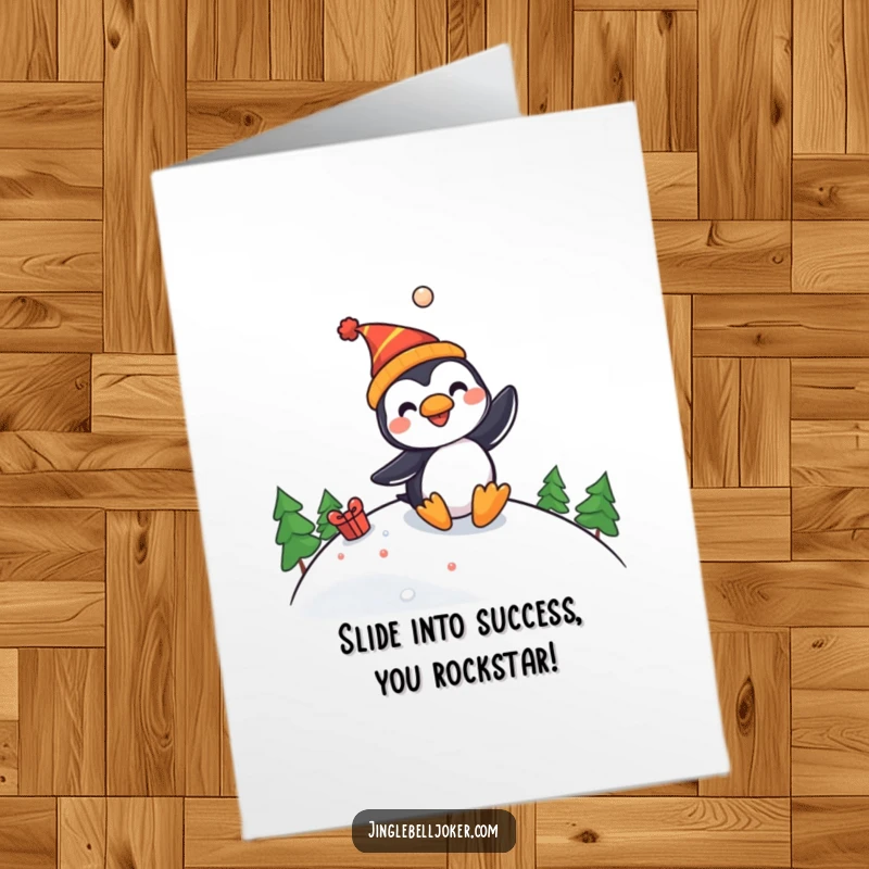Funny free printable congratulations card: a penguin jester gleefully slides down a slope, celebrating a special occasion with pure joy.
