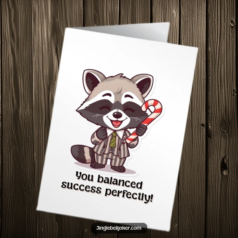 Funny Free Printable Congratulations Card: Raccoon in a suit playfully balances a candy cane on its nose, celebrating success.